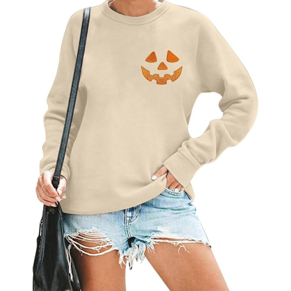 Halloween Pumpkin Face Sweatshirt Women Spooky Fall Embroidered Crewneck